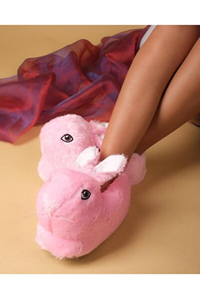 Genel Markalar Kadın Pudra Tüylü Tavşan Figürlü Kaymaz Taban Pofuduk Peluş Pa...