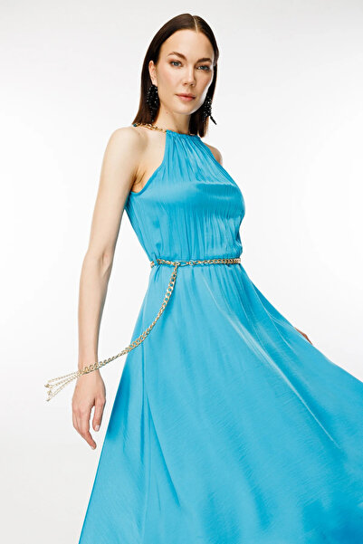 Ekol Turquoise Midi Dress - Collar Chain Detail, Women's, 4204