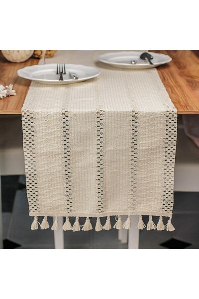 Tropikhome 35x145 Cm Organic Cotton Tasseled Tablecloth Runner