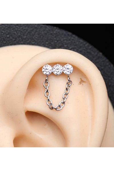 Karınca Piercing Zircon Stone Piercing - Chain Dangle, Tragus Helix and Flat Conch Surgical Steel