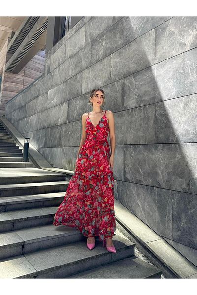 SEDA FİDAN Rochie roșie lungă din șifon - bretele cu imprimeu floral