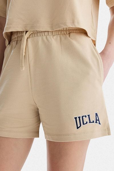 UCLA Pantaloni scurți tricotați supradimensionați pentru femei, brodați, maro