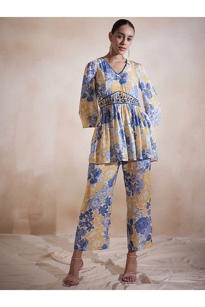 Femmella By Styli Floral Printed Embroidered Longline Top & Pants Co-Ords