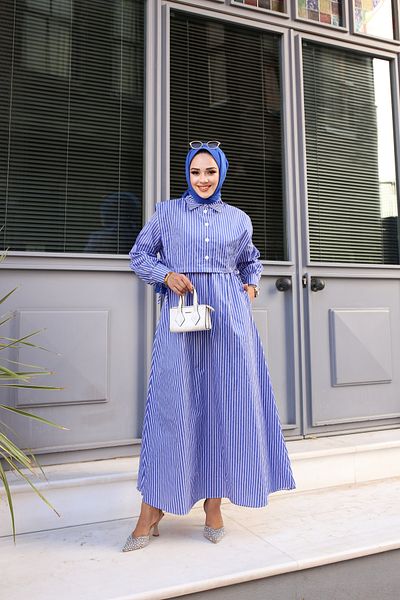 Tesettür Diyarı Μπλε ριγέ βαμβακερό φόρεμα Hijab - Λεπτομέρεια Cepken