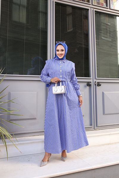 Tesettür Diyarı Μπλε ριγέ βαμβακερό φόρεμα Hijab - Λεπτομέρεια Cepken