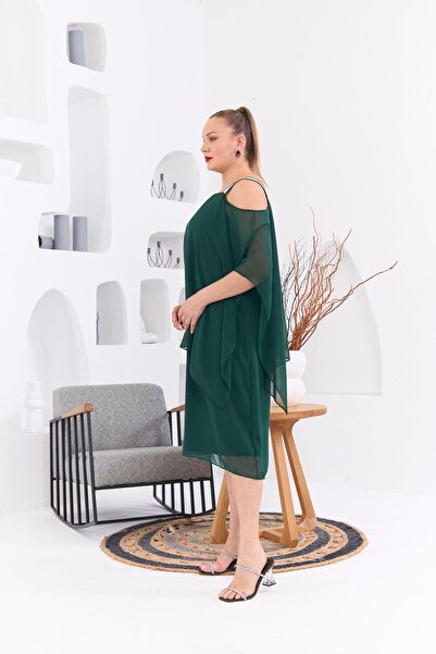 RMG Σμαραγδένιο φόρεμα σιφόν μεγάλου μεγέθους - στάμπα ώμου