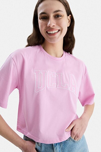 UCLA HELENA Tricou oversize pentru femei, cu decolteu rotund, brodat, roz