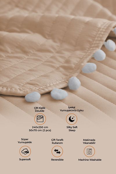 Evlen Home Pompom Double 100% Cotton Bedspread - Striped Beige Coffee Set