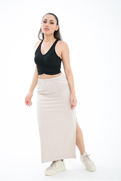 Comm-Ci Neria Nude Beli Lastikli Yandan Yırtmaçlı Örme Uzun Etek