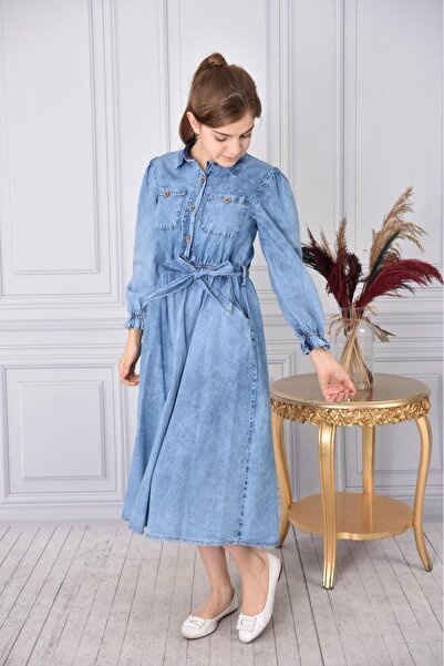 Asortix Girl's - Washed Denim Fabric Cotton Long Jeans Jean Dress