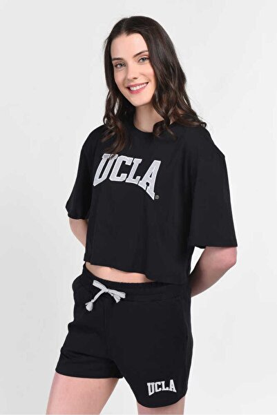 UCLA Γυναικείο μπλουζάκι Helena Black Crew Neck Oversize Crop κεντημένο