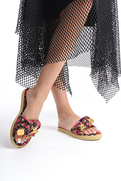 Moda Değirmeni Women's Ribbon Black Floral Patterned Slippers - BG1166-122-0004