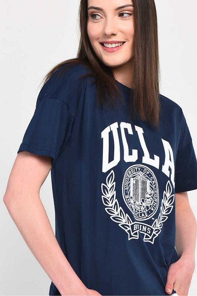 UCLA Avalon Navy Blue Oversize Crew Neck Printed Women's T-shirt