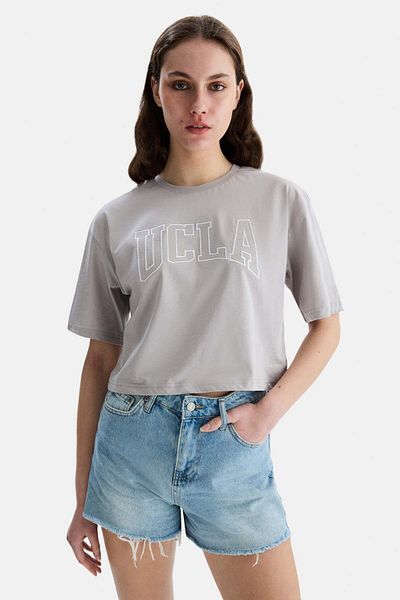 UCLA HELENA Gri Bisiklet Yaka Oversize Crop Nakışlı Oversize Kadın Tricou