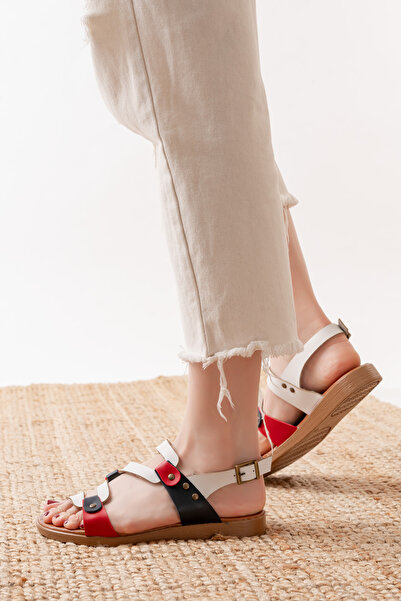 ünverdi Tan Garni Genuine Leather Women's Sandals with Adjustable Flat Bottom and Straps