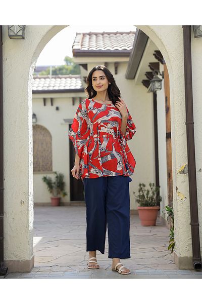 Sanskrutihomes By Styli Cotton Tribal Print Kaftan Longline Top and Straight Leg Set