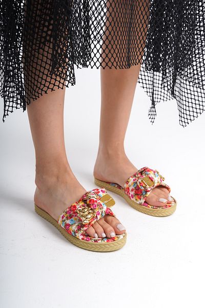 Moda Değirmeni شبشب نسائي بشريط أبيض مزين بالزهور - BG1166-122-0004
