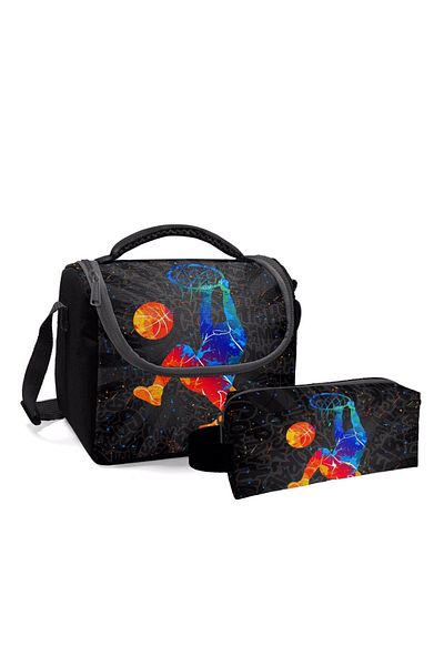 Coral High Gray Basketball Patterned Thermo Lunch Box and Pen Holder Set - 11783