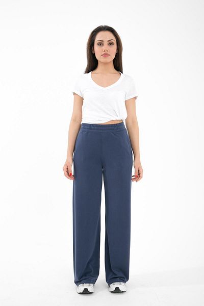 Comm-Ci Navy Blue Pocketed Comfortable Cut - Wide Leg Knitted Trousers