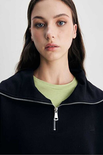 UCLA INEZ Siyah Fermuarlı Nakışlı Loose Fit Kadın Sweatshirt