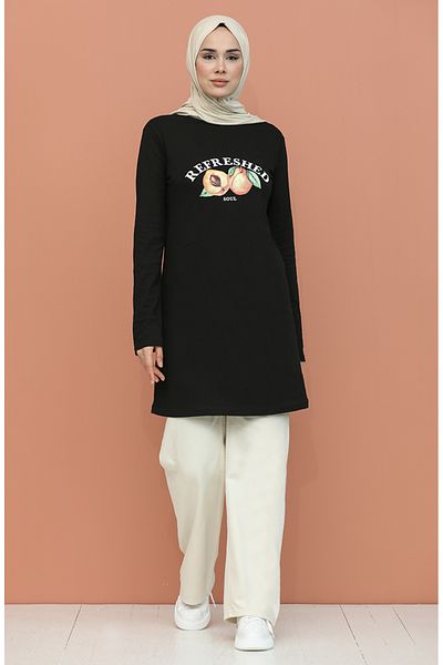 sefamerve Black Printed Tunic - 6028-01 Model