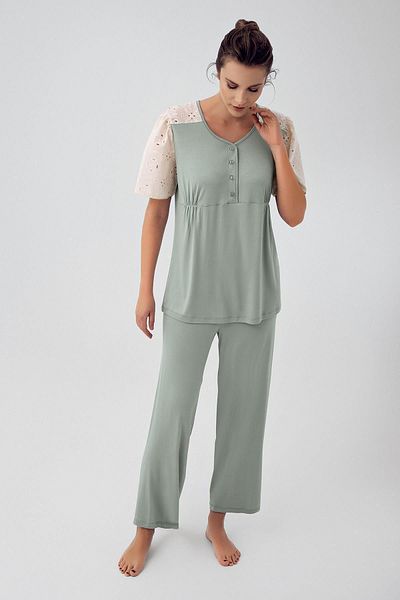 Artış Flexible Viscous Maternity Pajamas Set - Short Sleeve, Lace and Button