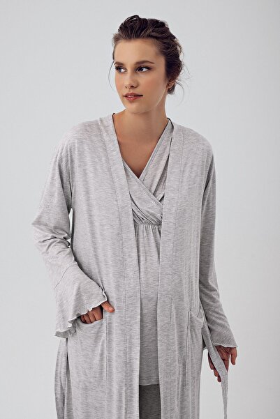 Artış Flexible Lycra Viscous Maternity Pajamas and Dressing Gown Set - Short Sleeve