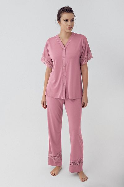 Artış Flexible Viscous Short Sleeve Pajama Set - Buttoned and Lace