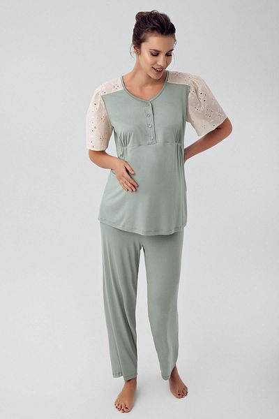 Artış Flexible Viscous Maternity Pajamas Set - Short Sleeve, Lace and Button