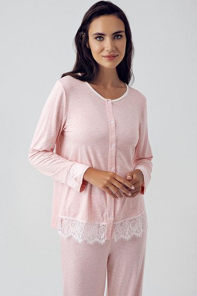 Artış Flexible Viscous Long Sleeve Pajamas and Dressing Gown Set - Buttoned and Lace
