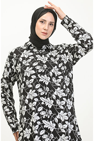 sefamerve Patterned Plus Size Shirt Tunic - 2022D-04 Black