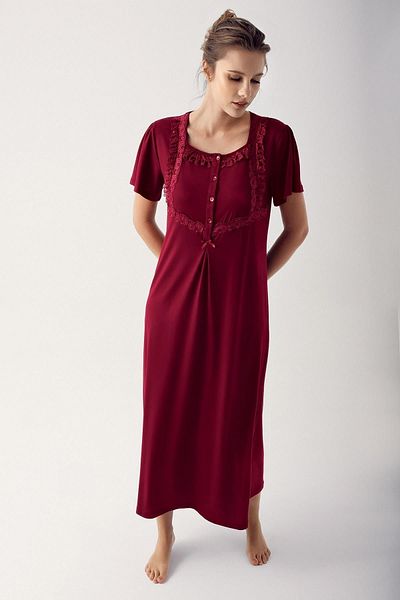 Artış Stretchy Viscous Short Sleeve Nightgown - Button and Lace 14110