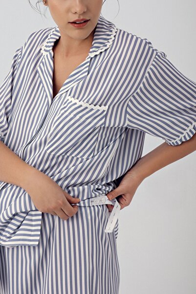 Artış Σετ πιτζάμες εγκυμοσύνης με κοντό μανίκι ριγέ - με κουμπιά και σορτς