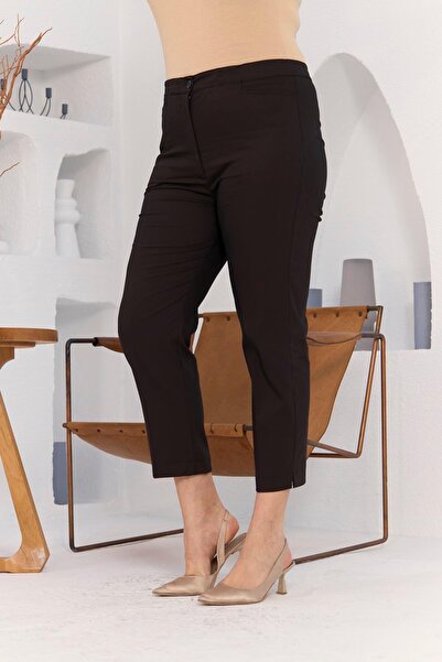 RMG Plus Size Brown Fabric Trousers - Ankle Slit Detail