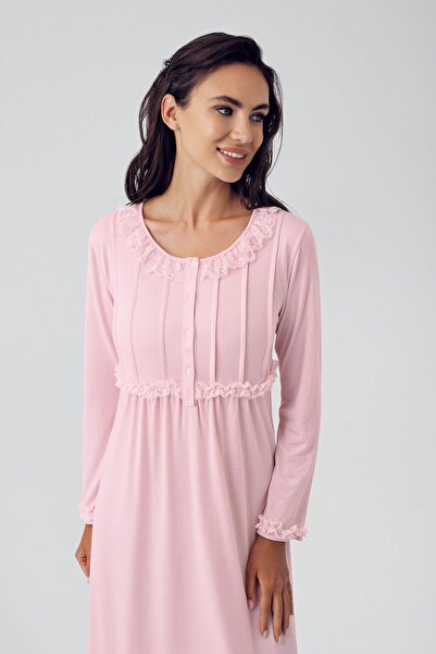 Artış Stretchy Viscous Nightgown - Long Sleeve and Button