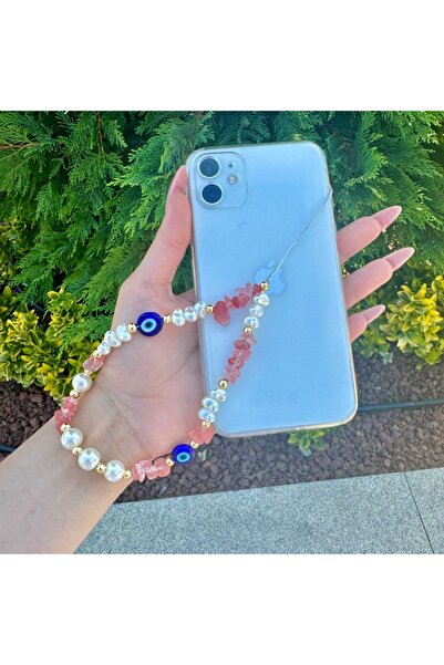 Elifsu Jewelry Çilek Kuvars Doğal Taşlı İncili Nazar Boncuklu Telefon Charmı