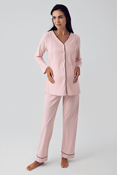 Artış Flexible Viscous Maternity Pajamas and Dressing Gown Set - Long Sleeve, Buttoned