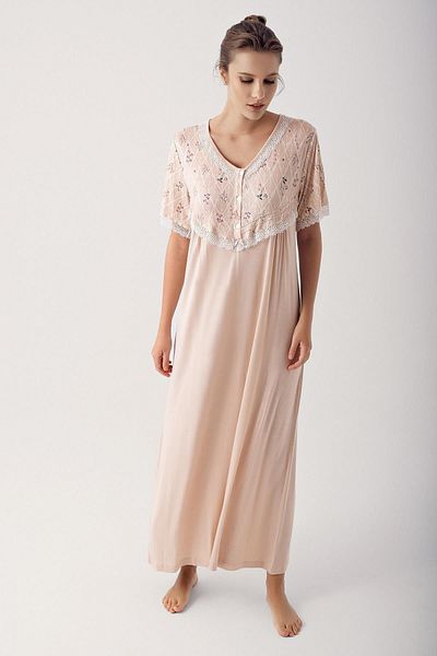 Artış Short Sleeve Patterned Viscous Nightgown - Lycra, Buttoned 14125