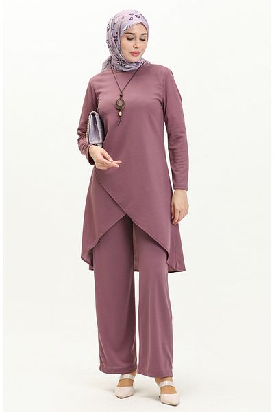 sefamerve Lilac Necklace Tunic and Trousers Set - 0704-02