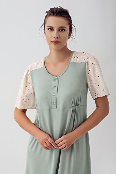Artış Stretchy Viscous Maternity Nightgown - Short Sleeve, Lace and Button
