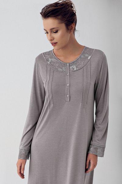 Artış Stretchy Viscous Long Sleeve Nightgown - Button and Lace