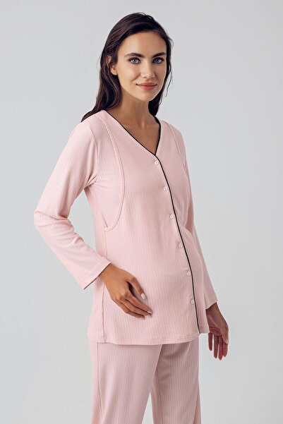 Artış Flexible Viscous Maternity Pajamas and Dressing Gown Set - Long Sleeve, Buttoned