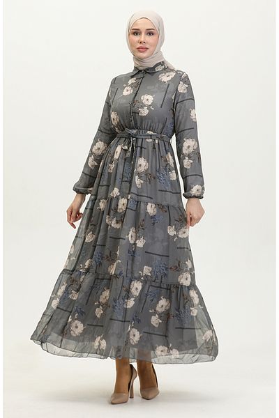 sefamerve Gray Patterned Chiffon Dress - 81833-06