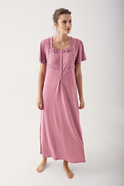 Artış Stretchy Viscous Short Sleeve Nightgown - Button and Lace 14110