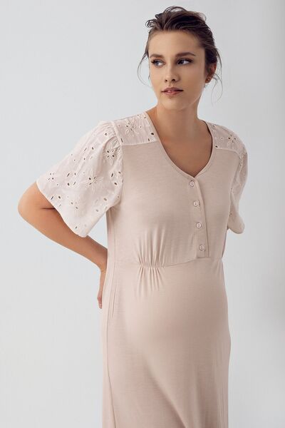 Artış Stretchy Viscous Maternity Nightgown - Short Sleeve, Lace and Button