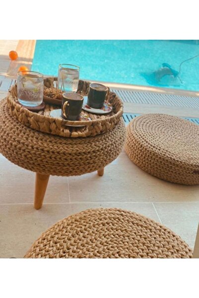 Hayal Home Bohem Tarz Dekoratif 42x12 Örgü Hasır Puf Sehpa Kombini