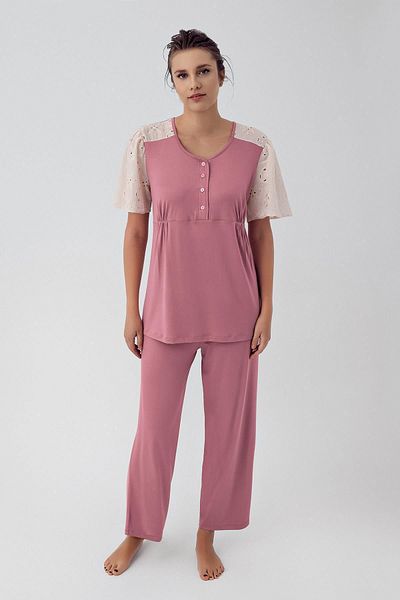 Artış Flexible Viscous Maternity Pajamas Set - Short Sleeve, Lace and Button