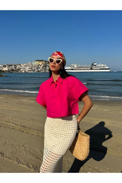 minaaise Cămașă scurtă oversize din bumbac fucsia - mânecă scurtă 27311