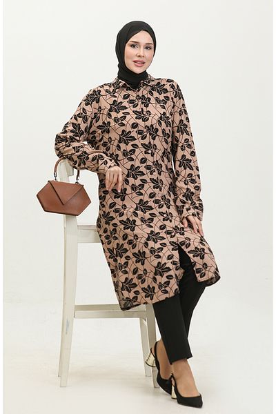 sefamerve 2022D-03 Brown Patterned Large Size Shirt Tunic