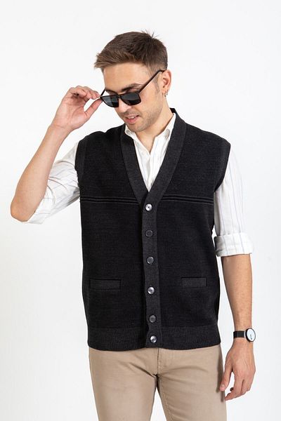 Mutlu City Men's Mid-aged and Above Knitted Acrylic Winter Baklava Patterned Dad Buttoned Vest 2071-2 Smoked